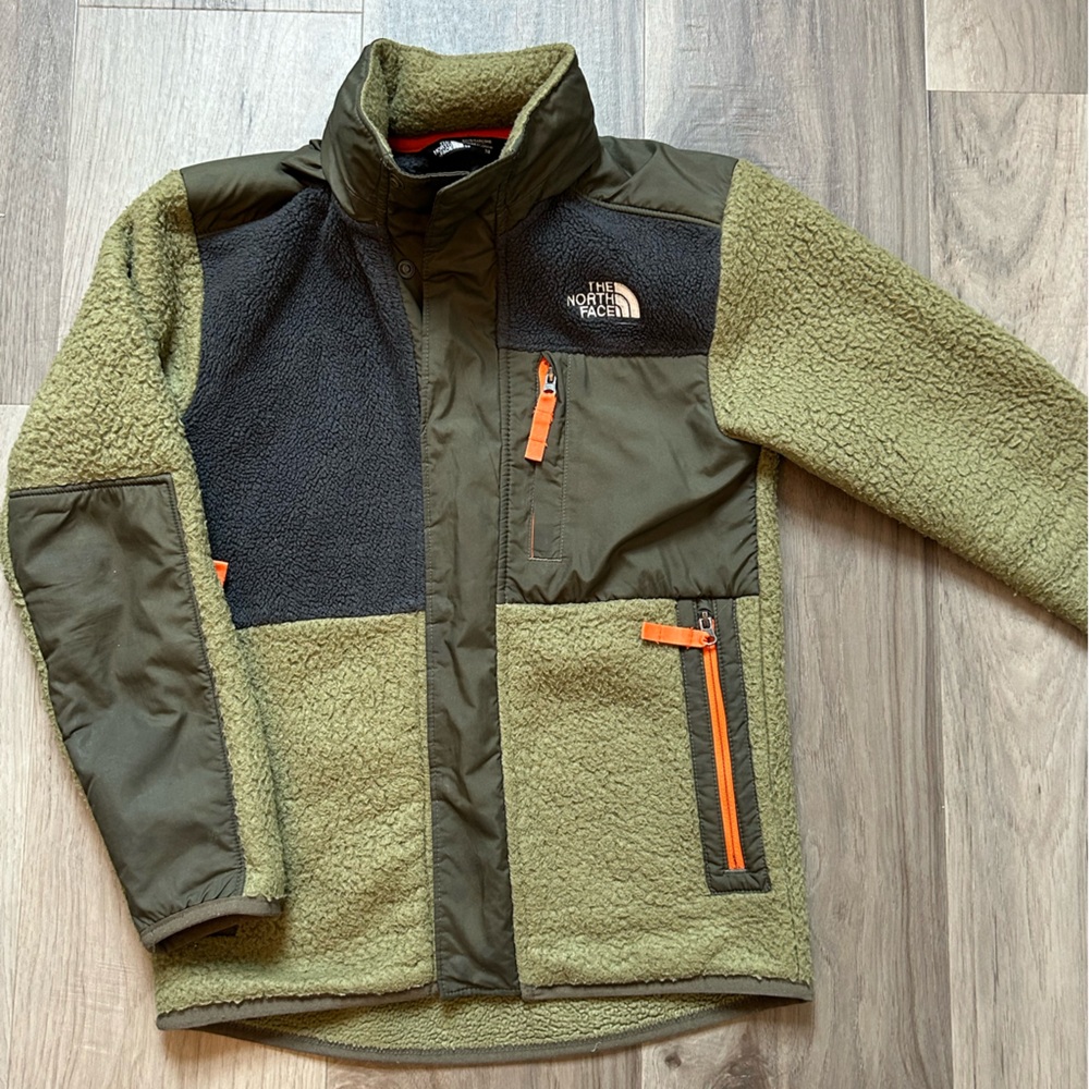 The North Face Green and Black Fleece Jacket with Orange Zippers